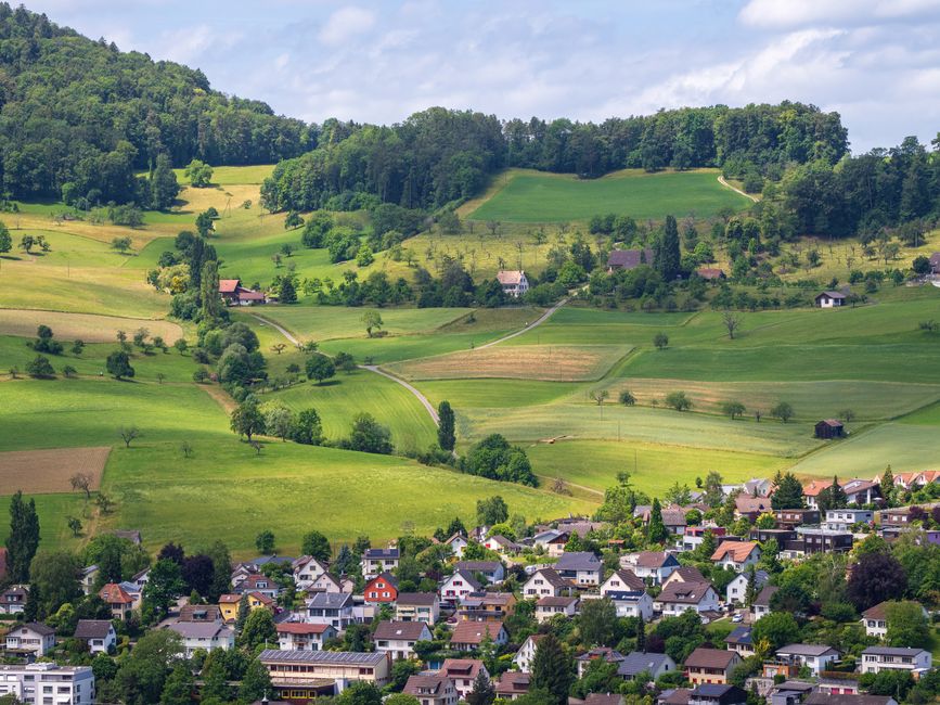 Charming Swiss countryside view with lush green hills and quaint village homes.