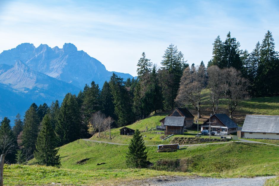 Picturesque landscape of Walenstadt, Switzerland with mountains and rustic homes.